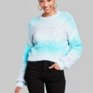 Wild Fable Women L Blue Spacedye Fuzzy Crew Neck Pullover Cropped Sweater NWT
